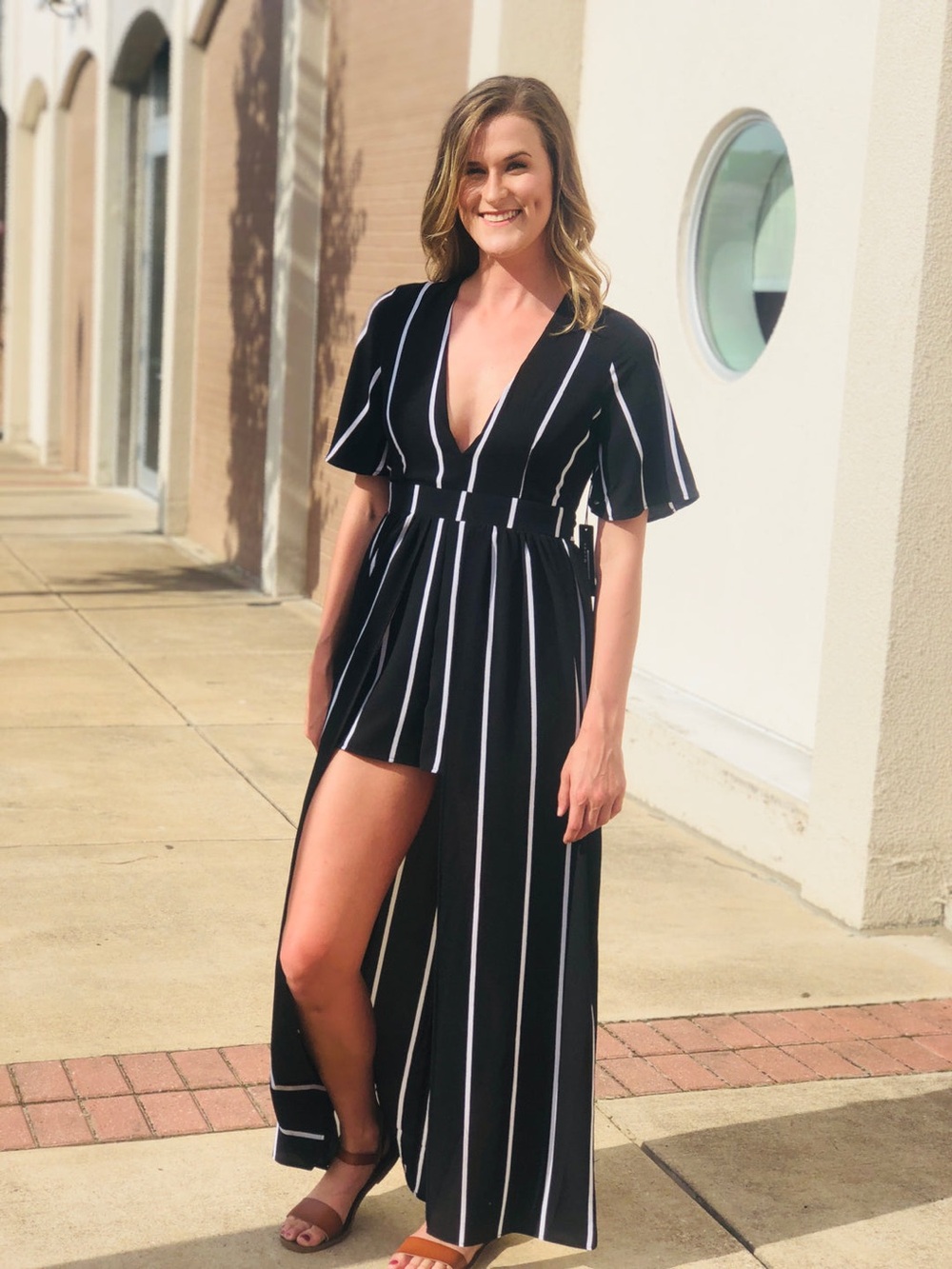 Crystal Doll Black and White Striped V-Neck short romper Dress